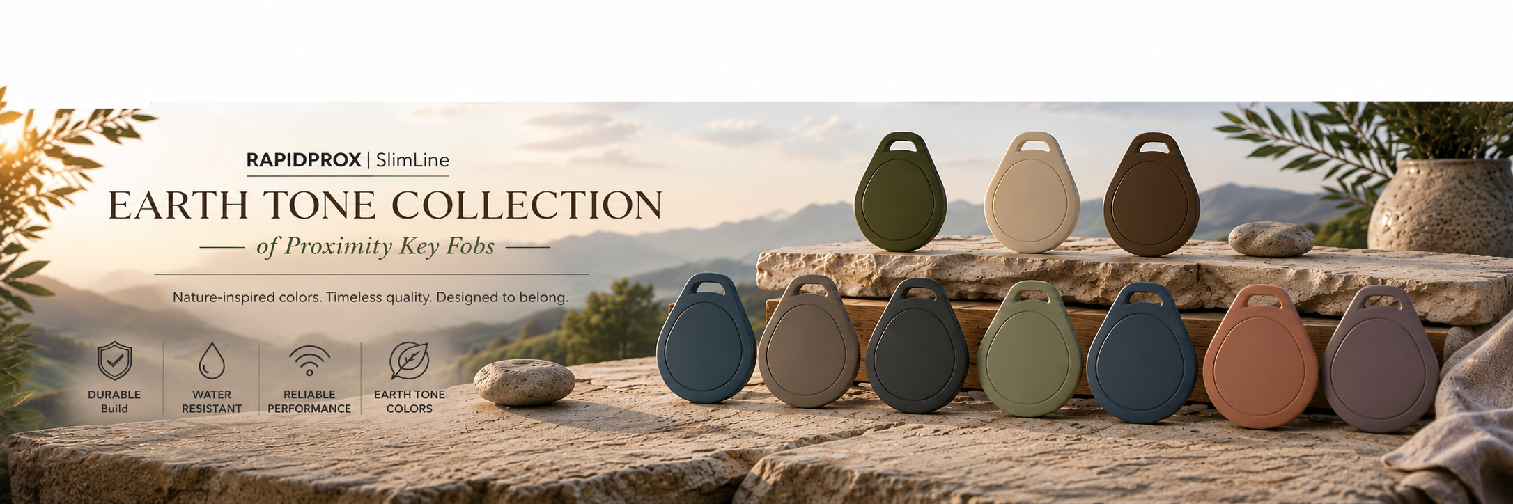 RapidPROX SlimLine Earth Tone Collection of proximity key fobs in nature-inspired colors